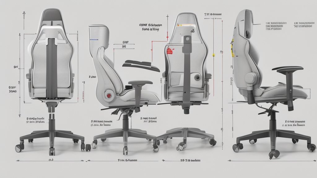 Részletes ergonómikus diagram a helyes gamer szék pozicionálásról oldalnézetből szögmérésekkel
