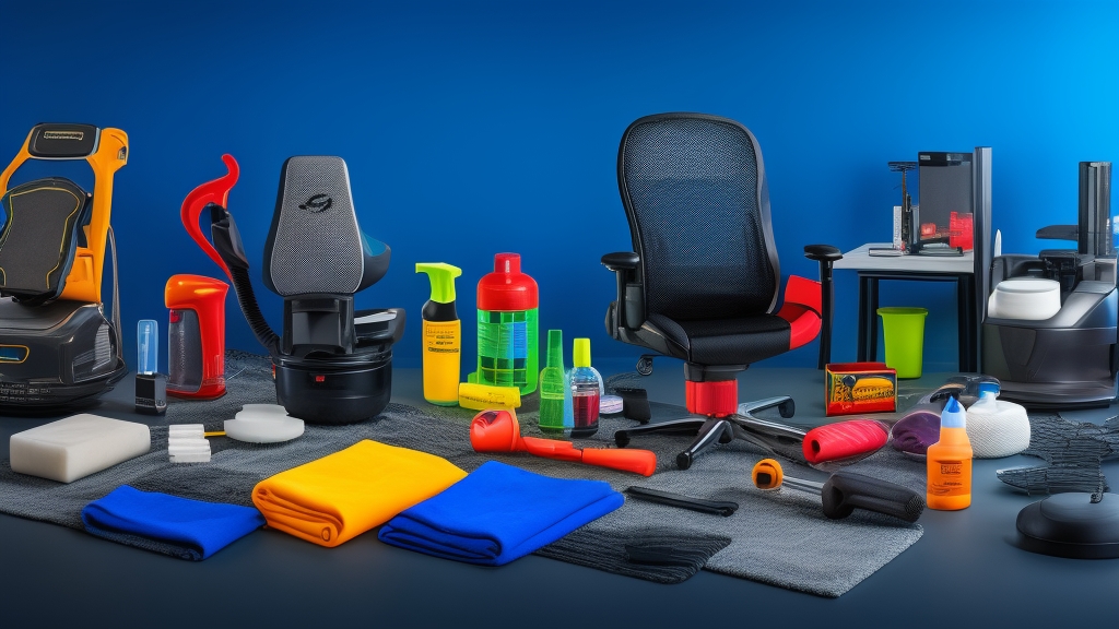 Gamer szék karbantartási eszközkészlet professzionálisan elrendezve tisztítószerekkel és cserealkatrészekkel