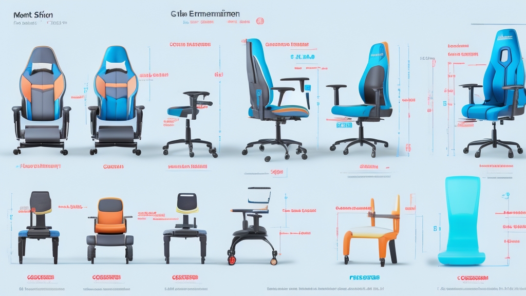 Infografika három különböző testalkattal és megfelelő gamer szék specifikációkkal méretmutatókkal